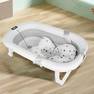 Produktbild von Baby Badewanne - Faltbare Wanne - Mit Badekissen - Digitales Thermometer - Für 0–6 Monate - PP-Kunststoff - Hellgrau