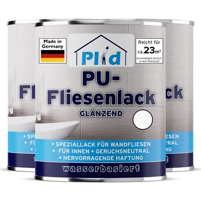 Produktbild von Plid Fliesenlack 2,25L Weiß glänzend – Fliesenfarbe für Wandfliesen in Küche & Bad, hohe Deckkraft, bis zu 23m²