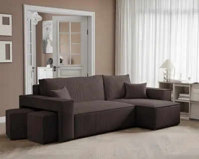 Produktbild von Idohome–Moderne Ecksofa PARIS mit Hockern mit Schlaffunktion, L-förmigen, Universale Couch, Bettcouch - Farbe: Braun Poso 06