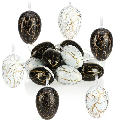 Produktbild von com-four® 16x Ostereier zum Aufhängen - Hängedeko weiß/schwarz/goldfarben aus Kunststoff - Osterdeko für den Osterstrauß