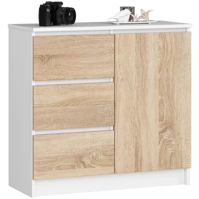 Produktbild von Akord Kommode Jerry 1 Tür 3 Schubladen Weiß/Sonoma-Eiche 80X35X77 Cm