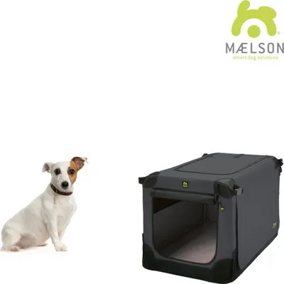A dog and a dog crate are shown side by side, with a brand logo in the top right corner.