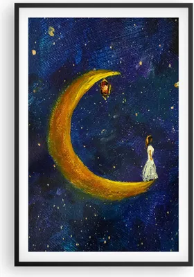 Produktbild von Gerahmtes Poster - Schwarzer Rahmen - Mädchen auf der Mond - 61x91,5 cm - Wand Bild - Wanddeko - Wandbilder - Kunstposter - Wandposter - Bilderrahmen - Bilder - Kunstdruck - P2BPA61x91-4575