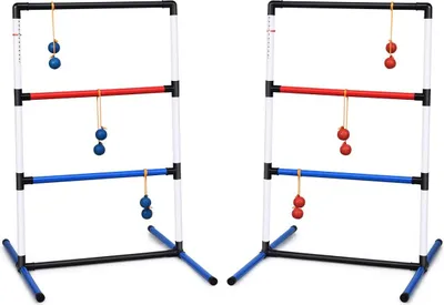 Two ladder toss games are set up side-by-side against a white background. Each game has three horizontal bars (black, red, blue) and is supported by a black and blue base. Balls are hanging from strings on each game.