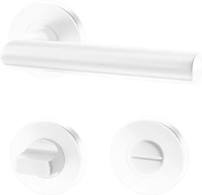 A white door handle set, including a lever handle and two rosettes, is displayed against a white background.