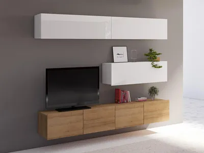 Produktbild von Wohnwand CALABRINI-8 Wohnzimmer-Set Hängewohnwand Schrankwand TV-Schrank Moderne Anbauwand Hochglanz (Weiß + Eiche Gold)