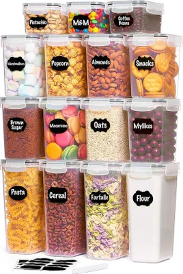 Produktbild von Luftdichte Lebensmittelbehälter mit Universaldeckeln, Verschlussbehälter Organizer mit Etikettstift für Frühstücksgrütze Zucker Trockenlebensmittel in Küchen Schrank Ordnungssystem
