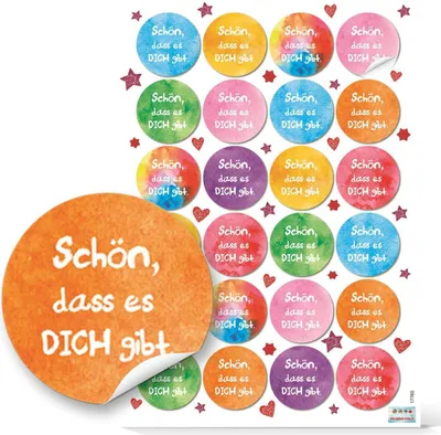 Produktbild von Logbuch-Verlag 24 bunte runde Aufkleber SCHÖN DASS ES DICH GIBT 4 cm Sticker Etiketten Verpackung Geburtstag Freunde Familie Kinder Geschenk Muttertag96 Aufkleber / 4 Bögen