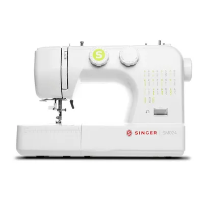 A white Singer SM024 sewing machine is shown against a white background.