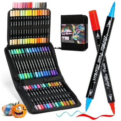 Immagine prodotto di Pennarelli acrilici resistenti all'acqua, 60 colori, con punta doppia (punta fine e pennello), ideali per decorare pietre, vetro, legno, tessuto e per progetti fai-da-te