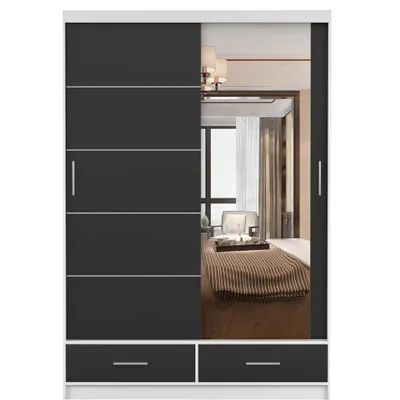 Produktbild von Schwebetürenschrank Kleiderschrank 150 cm Weiß/Schwarz matt mit Spiegel Florence