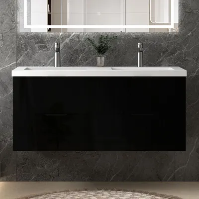 Produktbild von Unterschrank mit Waschbecken Waschbeckenunterschrank Badmöbel Waschtisch Badezimmerschrank, hochglanz Schwarz Holz, Sanfter Schluss, 120x44.5x52cm