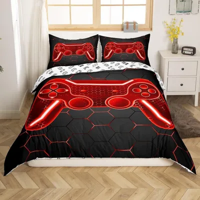 Produktbild von Bettwäsche Set 200x200cm Gaming Controller Rot Schwarz 2 Kissenbezüge Mikrofaser