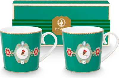 Produktbild von PIP STUDIO Love Birds Medallion Emerald Henkelbecher Large 0,25l Set2