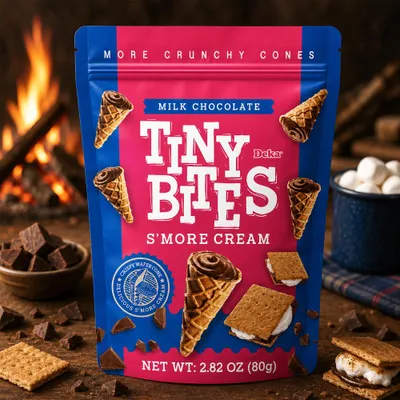 Zdjęcie produktu dla Tiny Bites – rożki waflowe z kremem o smaku s'more, 80 g