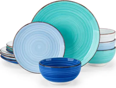 Immagine prodotto di Set da portata Vittoria - 12 pezzi - 4 persone - Vetroceramica blu - Piatti per la cena, la colazione e i piatti fondi - Servizio da cucina