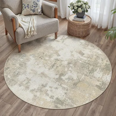 Productafbeelding van Rond vloerkleed, diameter 120 cm, beige, abstract design, modern, wasbaar, korte pool, 5 mm