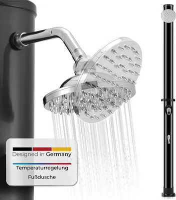 Produktbild von Juskys Solardusche Victoria 20 Liter - 220 cm - bis 60°C – mit schwenkbarem Duschkopf, Fußdusche & Gartenschlauch Anschluss Gartendusche Außendusche