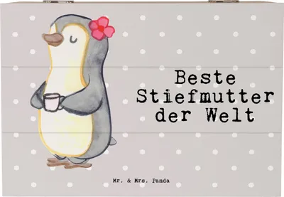 Produktbild von Mr. & Mrs. Panda Erinnerungsbox Pinguin Beste Stiefmutter der Welt 22 x 15 cm - Grau Pastell - Geschenk, Schatzkiste, Aufbewahrungsbox Holz, Geschenkidee, Mama, Danke