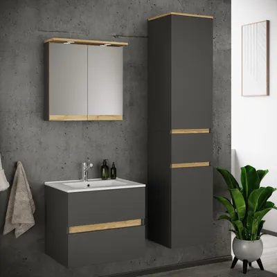 Produktbild von VCM 4-tlg. Waschtisch Set mit Keramikbecken, Badschrank mit 2 Softclose-Schubladen, Hochschrank, Spiegelschrank mit Beleuchtung und Steckdose, Maße Unterschrank H. 51 x B. 61 x T. 47 cm, Cosila-I
