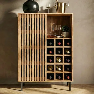 Obrázok produktu pre WOHNLING Domáci bar Mango Masívne drevo 80x123cm Barový skriňa s posuvnými dverami Barová skriňa Skladovanie vína Skriňa na liehoviny s regálom na víno Ručne vyrobené