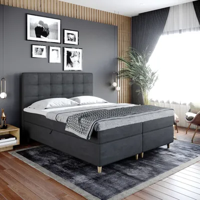 Produktbild von Boxspringbett Doppelbett DANTE   140x200cm Bett mit Bonellmatratze, mit Bettkasten f r Bettw sche und Topper. EIN Bett mit einem klassischen, konturierten Kopfteil (antrazit, 140x200)