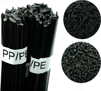 Produktbild von Rosfix Bindemittel zum Schweißen von Kunststoff – Hochwertiges Granulat | 42 cm Draht | PP/PE, PP+E, PP+PE | 250-310°C | Schwarze Farbe 100g
