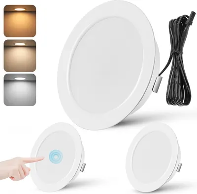 Zdjęcie produktu dla Zestaw 3 sztuk, wpuszczane reflektory LED 12V, 3W, płaskie, z dotykowym włącznikiem, średnica 6,5 cm