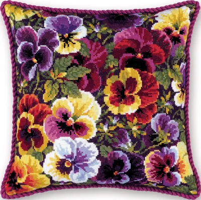 Produktbild von Riolis Kreuzstich Kissen Set "Königliche Stiefmütterchen", Zählmuster, 40x40cm