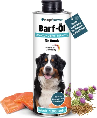 Produktbild von napfpower Barföl Hunde (1 Liter) - Reich an Omega 3-6-9 Fettsäuren aus Lachsöl, Leinöl, Hanföl, Borretschöl & Mariendistelöl