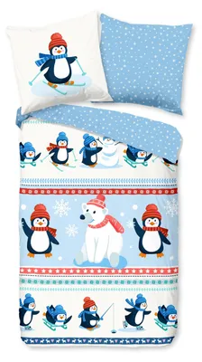Produktbild von Traumschloss Comfort Flanell Bettwäsche - Penguins - Pinguine und Eisbär im Winterland, Schneeflocken 135 x 200 cm Pinguine und Eisbär im Winterland, Schneeflocken
