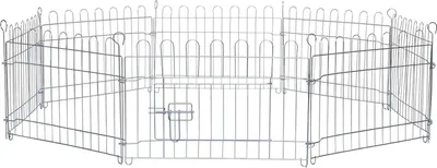 A silver metal pet playpen is shown from a slightly elevated, front-facing angle.