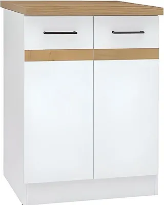 Immagine prodotto di Mobile base da cucina Junona, 60 cm, 2 ante, bianco lucido, piano di lavoro in rovere Artisan Gold
