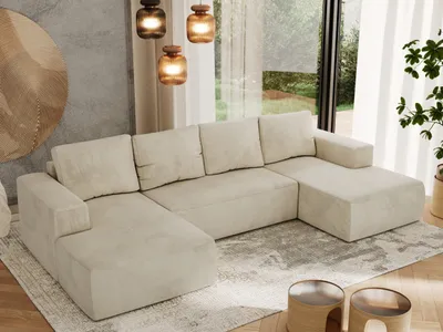 Produktbild von MKS MEBLE Sofa mit Schlaffunktion - Ecksofa mit Schlaffunktion und Bettkasten - Sofa 5 Sitzer - Schlafsofa - Couch - Schlafsofa mit Bettkasten - Trentino U - Beige Velvet