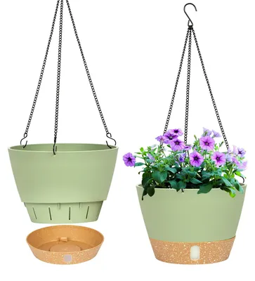 Produktbild von 2 x 20 cm Hängeblumentöpfe für drinnen und draußen, Hängetöpfe mit Abflussloch für Pflanzen, Hängeblumentöpfe mit 3 Haken, Hängepflanzentöpfe für Garten und Wohnung (grün)