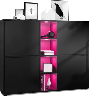 Produktbild von Vladon Highboard Cuba V3,  Germany, Schwarz matt/Schwarz matt inkl. LED - Moderne Anrichte mit 12 Fächern (130,5 x 105,5 x 35,5 cm)