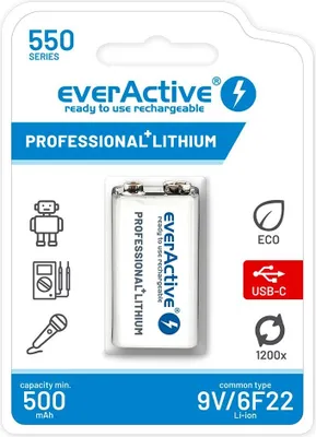 Produktbild von Akku everactive 6f22/9v li-ion 550 mah mit usb Typ c