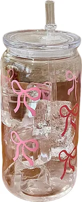 Produktbild von Wasserbecher, niedliche Wasserflasche in Einmachglasform mit Schleifendruck, 500 ml, BPA-frei, wiederverwendbar, für Kaffeesaft