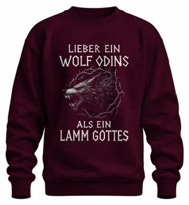 Imagen del producto de Sudadera con cuello redondo, diseño "Lobo de Odín" en lugar de "Cordero de Dios", estilo vikingo, motivos nórdicos y runas, color burdeos, talla XXL