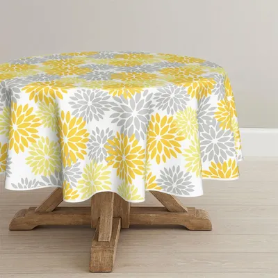 Productafbeelding van Ronde tafelkleed, diameter 140 cm, geel, met bloemen en dahlia's, herfstmotief, vlekbeschermend, polyester, geschikt voor de keuken, decoratief