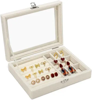 Produktbild von Damen-Schmuck-Organizer-Box, Reise-Schmuck-Box, Schmuck-Organizer, Armband-Box, Schmuck-Box für Halsketten und Ohrringe - Beige