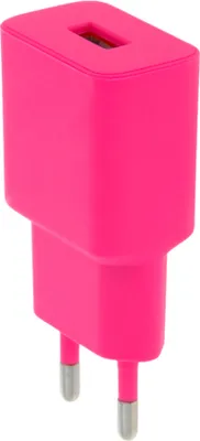 A bright pink USB charger adapter is shown against a white background.