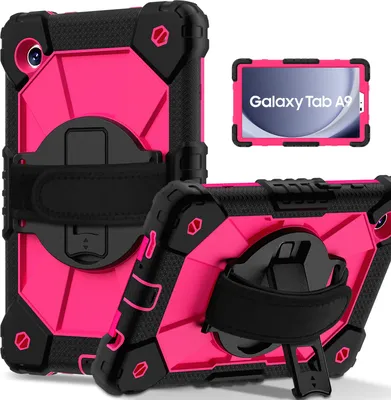 Image de Etui pour Samsung Galaxy Tab A9 2023 8.7 pouces SM-X110/X115/X117, étui pour tablette avec dragonne et support pivotant à 360° noir rose