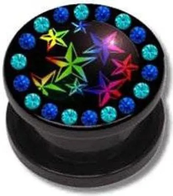 Produktbild von Ohr Flesh Acryl Tunnel Piercing Screw On Mit Bunten Sternen Und Kristallen Steinen - 6mm