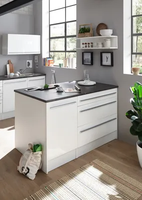Produktbild von JAZZ Moderne Kücheninsel mit Arbeitsplatte freistehend in Weiß Hochglanz, Steingrau - Geräumiger Küchenschrank - 145 x 90 x 90 cm (B/H/T)