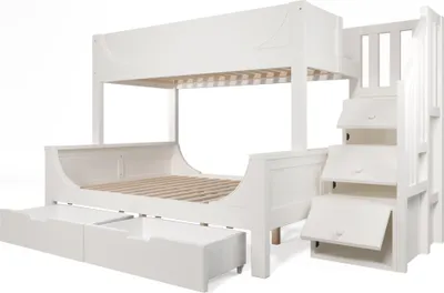 Obrázok produktu pre Poschodová posteľ s rebríkom a zásuvkami, drevená posteľ s ochrannou bočnicou a roštom, horná časť 90 x 200 cm, spodná časť 140 x 200 cm (dvojposteľ bez matraca)
