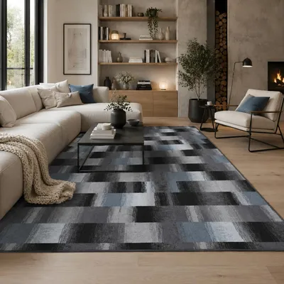 Produktbild von Designer Velour Teppich Mystic Karo Blau Grau, Größe:200x300 cm