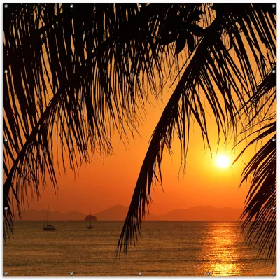 Produktbild von Wallario XXL Outdoor-Poster für Garten oder Balkon, Motiv Sonnenuntergang unter Palmenblättern, in ca. 200 x 200 cm