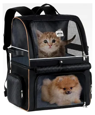 Produktbild von Doppellagiger Katzenrucksack für 2 Katzen, Transportrucksack für große Katzen und Hunde bis 11 kg - Schwarz