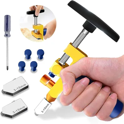 Produktbild von 2-in-1-Glasschneider-Werkzeugset, , 3–15 mm, Glasschneidwerkzeug zum Schneiden von Glas/Spiegeln/Buntglas mit 2 zusätzlichen Köpfen, 4 Druckbits und Schraubendreher